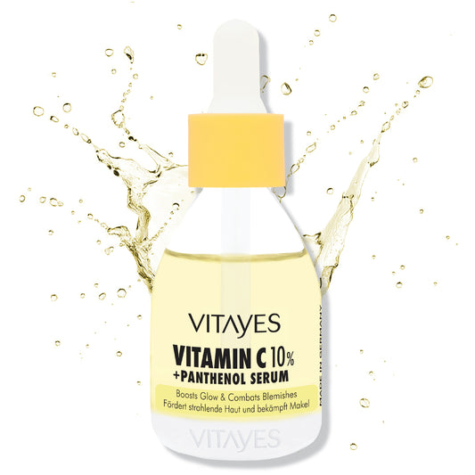 Vitamin C 10% + Panthenol Serum in Glasflasche, ideal zur Hautflecken Reduktion und für einen sofortigen Glow.