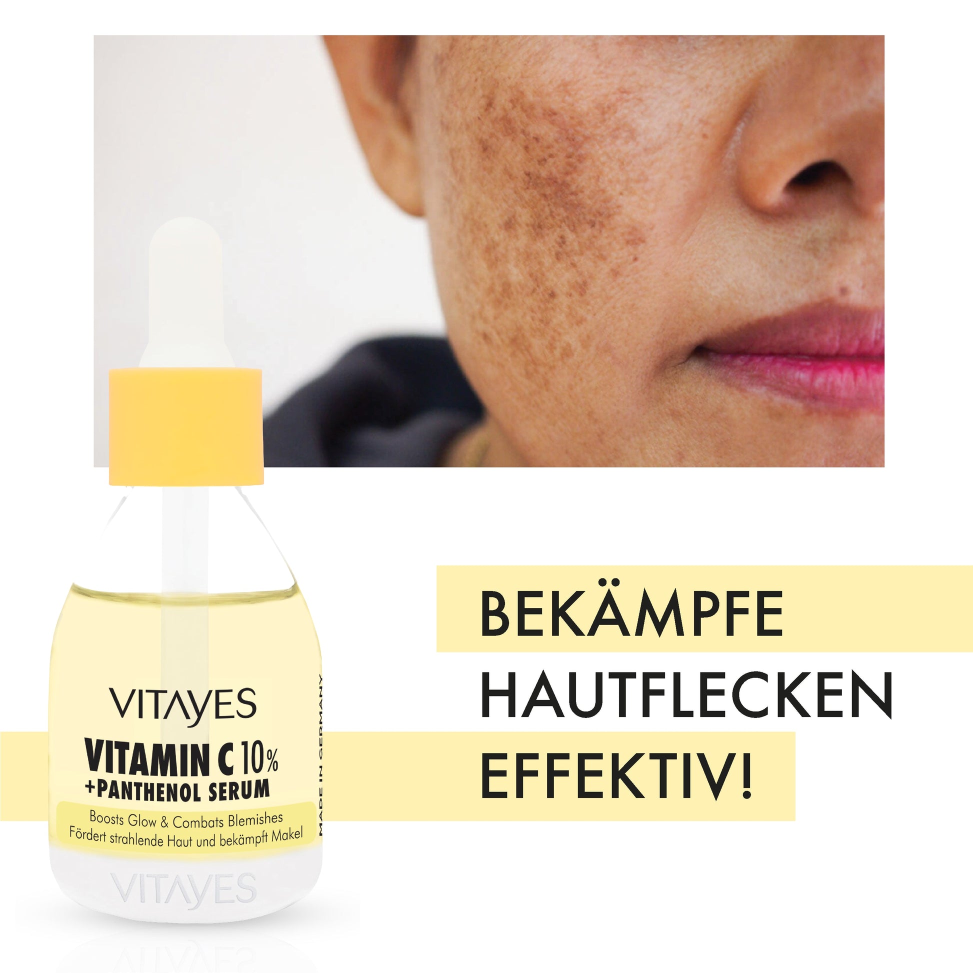 Nahaufnahme des Vitayes Vitamin C Serums mit Tropfer, perfekt zur natürlichen Hautpflege.