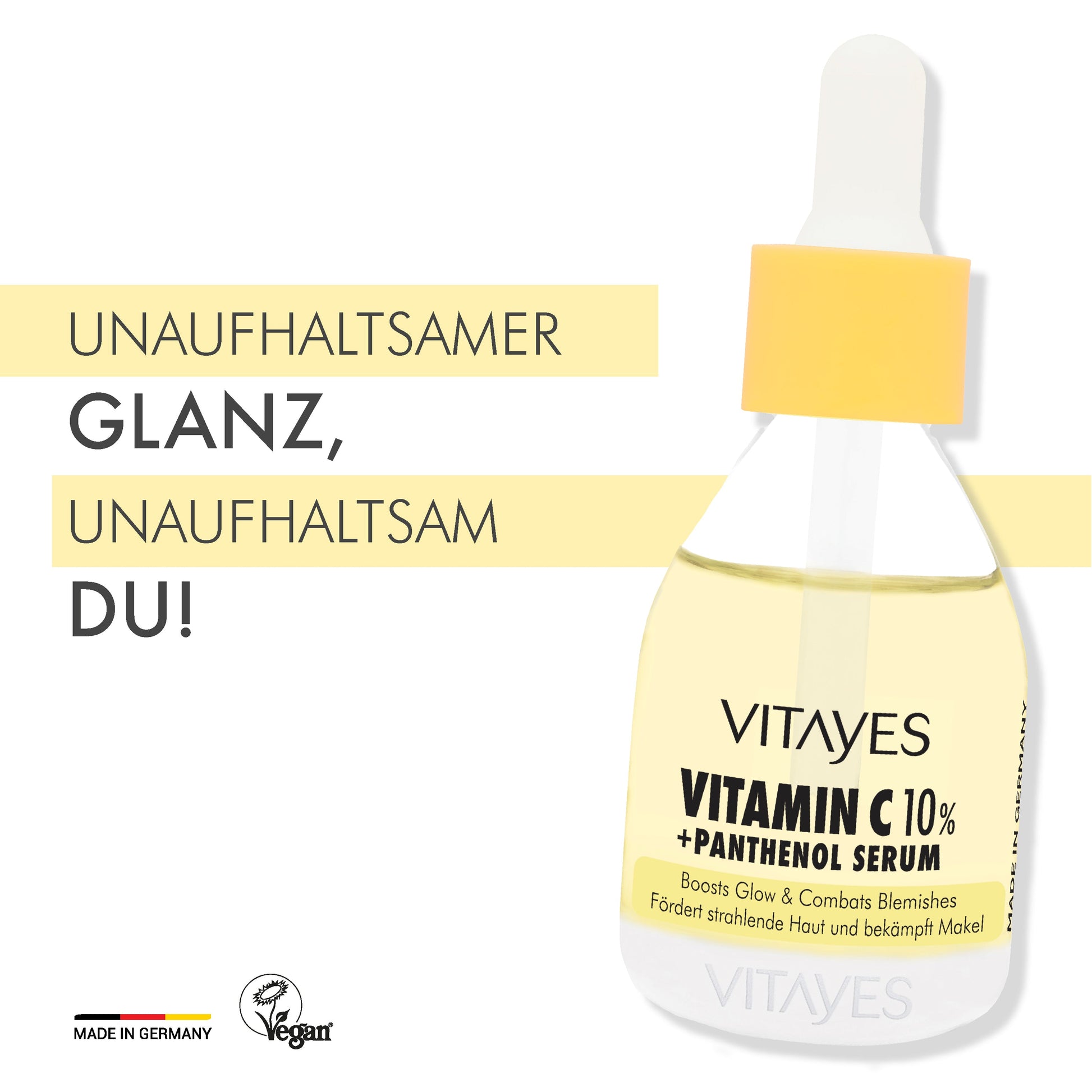 Verpackung des b!right Vitamin C und Panthenol Serums auf einem weißen Hintergrund, elegante Kosmetikdesign.