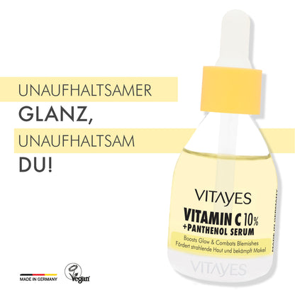 Verpackung des b!right Vitamin C und Panthenol Serums auf einem weißen Hintergrund, elegante Kosmetikdesign.