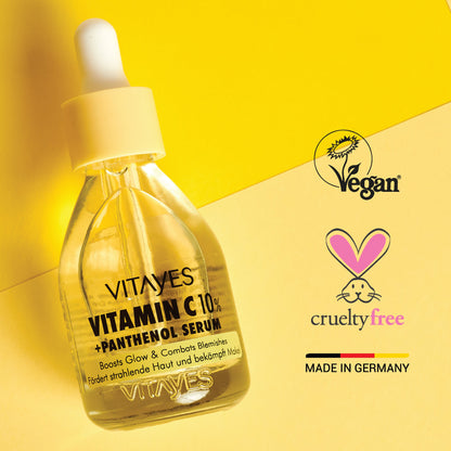 Produktfotografie von 30 ml Vitayes Vitamin C Serum in einer stilvollen Badezimmerumgebung, ideal für die tägliche Routine.