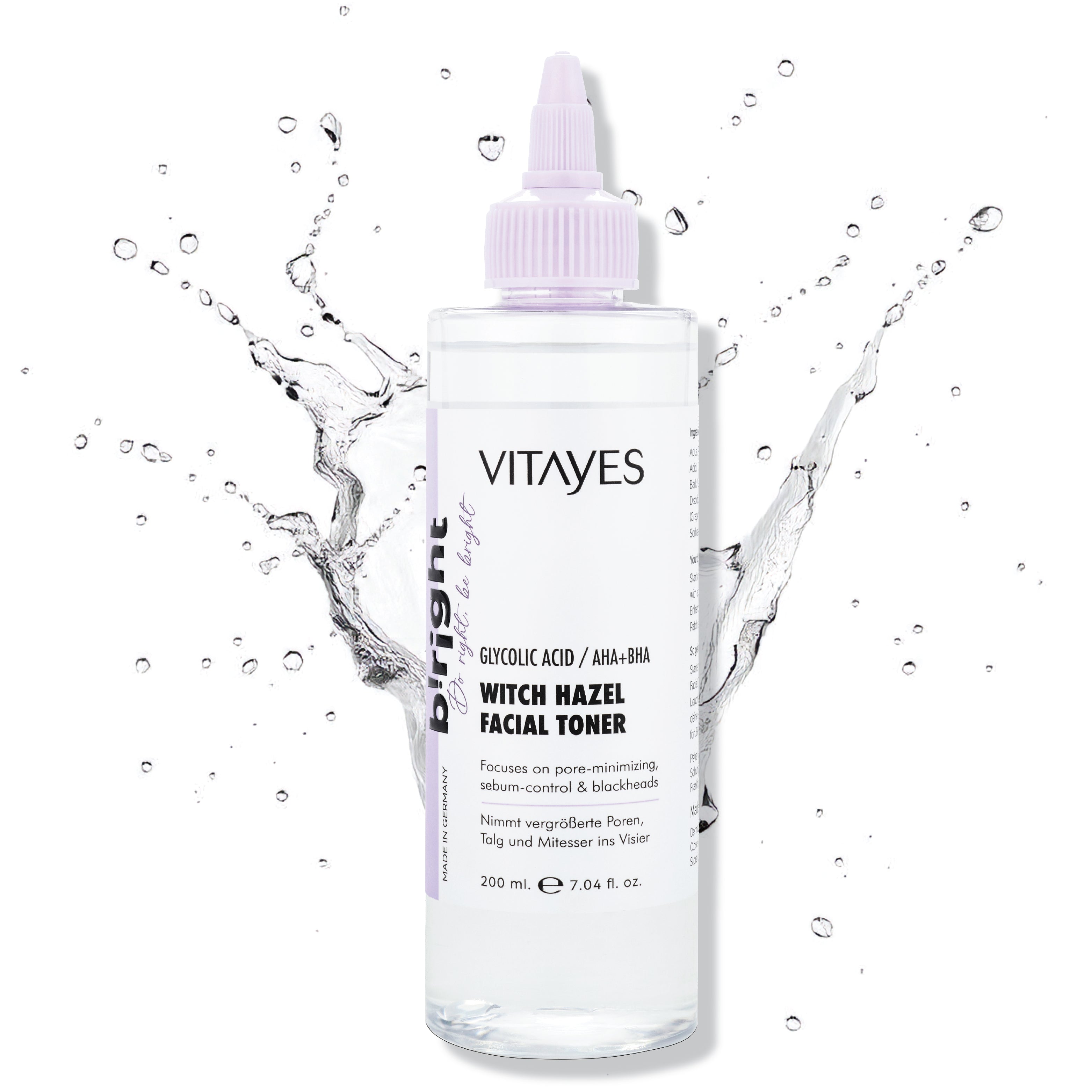 AHA/BHA Gesichtswasser mit Glycolsäure und Hamamelis in eleganter Verpackung, ideal für porenverfeinernde Hautreinigung.