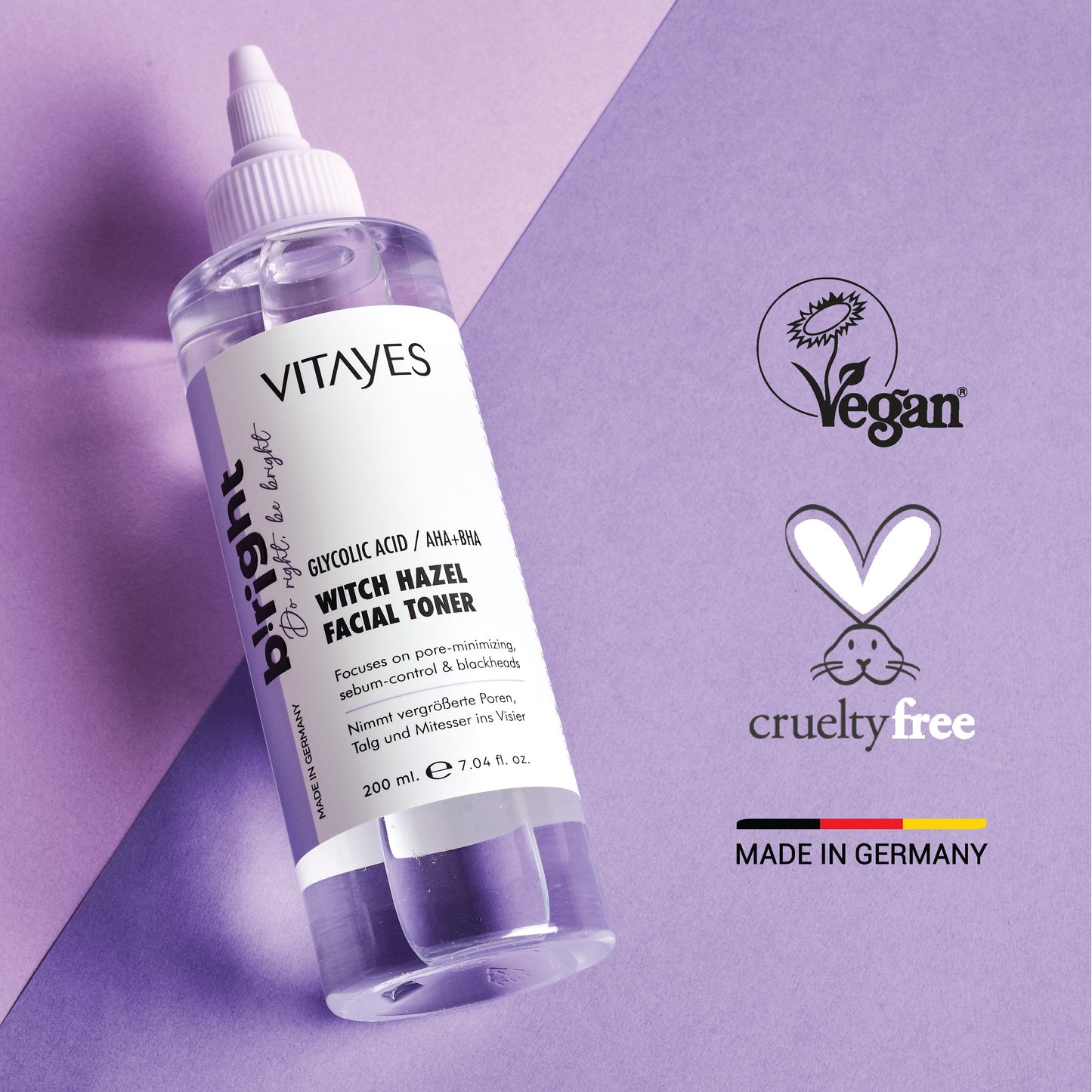 Produktverpackung des Vitayes AHA/BHA Gesichtswassers mit 150 ml, für optimale Hautpflege.