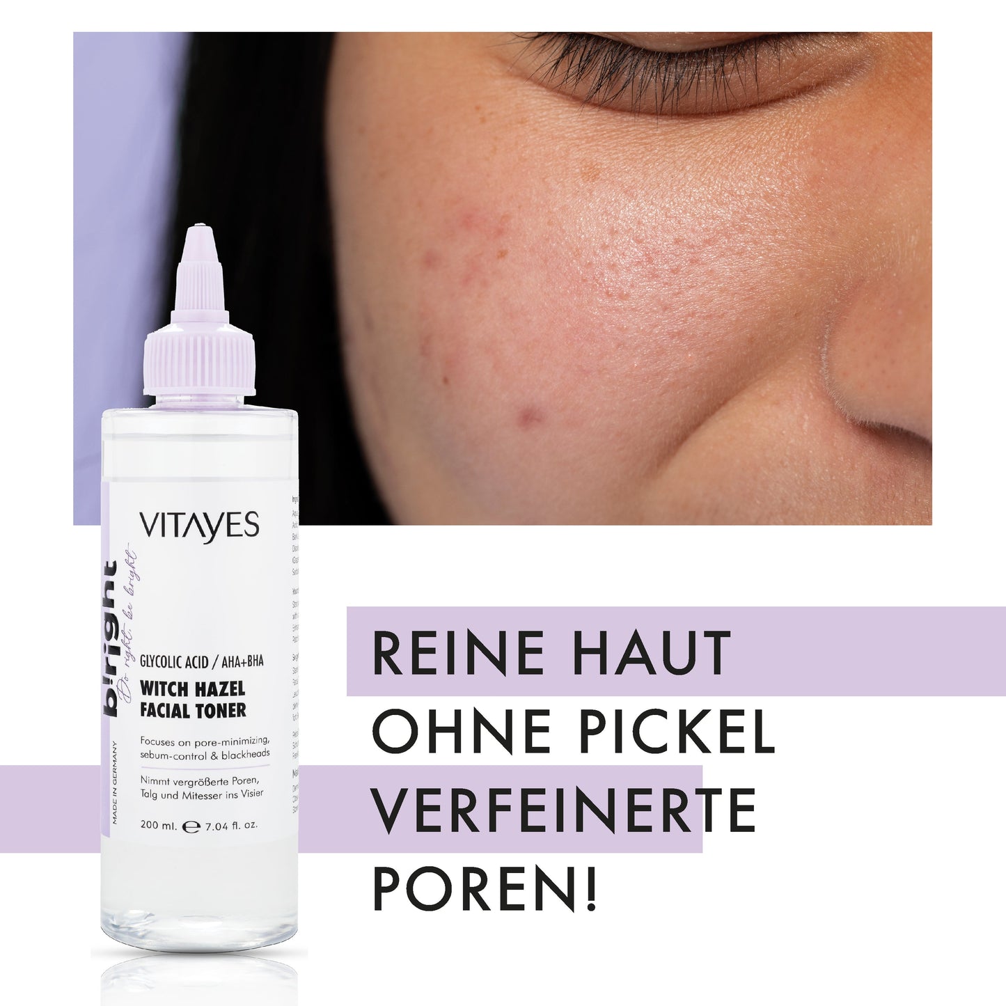 Detailansicht des AHA/BHA Gesichtswassers mit Inhaltsstoffen, die zur Tiefenreinigung der Haut beitragen.