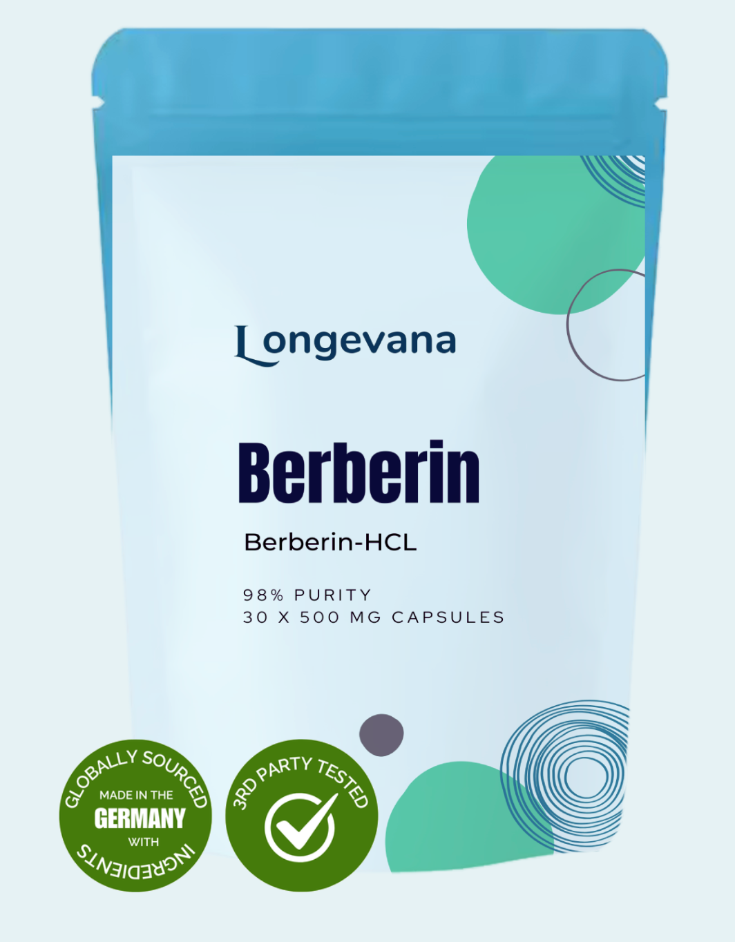 Packung der Berberin Kapseln mit 500mg Inhaltsangabe, präsentiert von der Marke Longevana.