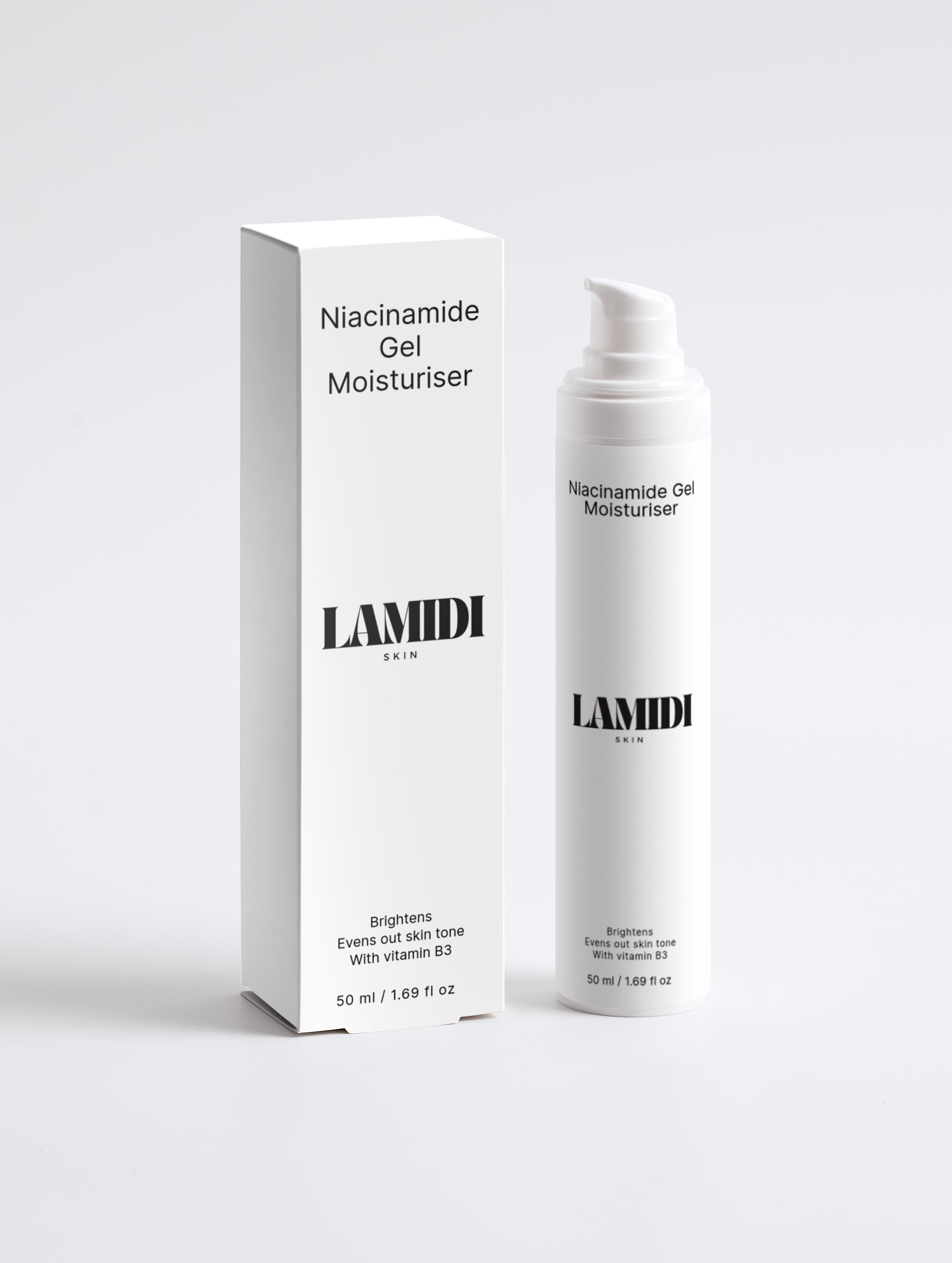 Niacinamide Gel Moisturiser von ekovita für strahlende Haut in eleganter Verpackung.