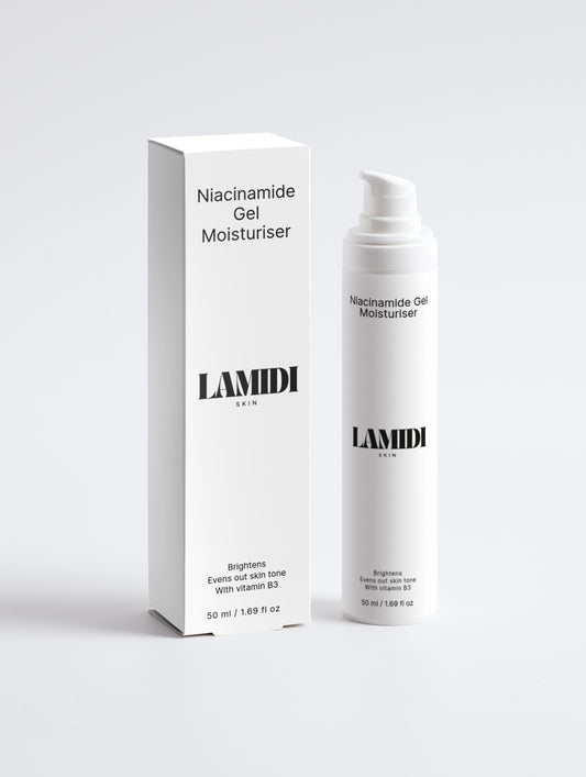 Lamidibeauty Niacinamide Gel Moisturiser in eleganter Verpackung, ideal für Feuchtigkeitspflege mit Vitamin B3.