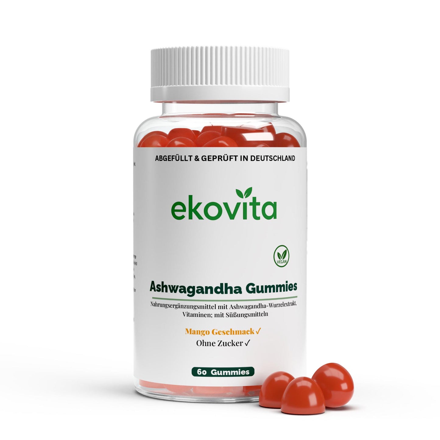 Ekovita Ashwagandha Gummies präsentiert neben einem Glas Wasser, ideal zur täglichen Stressreduktion.