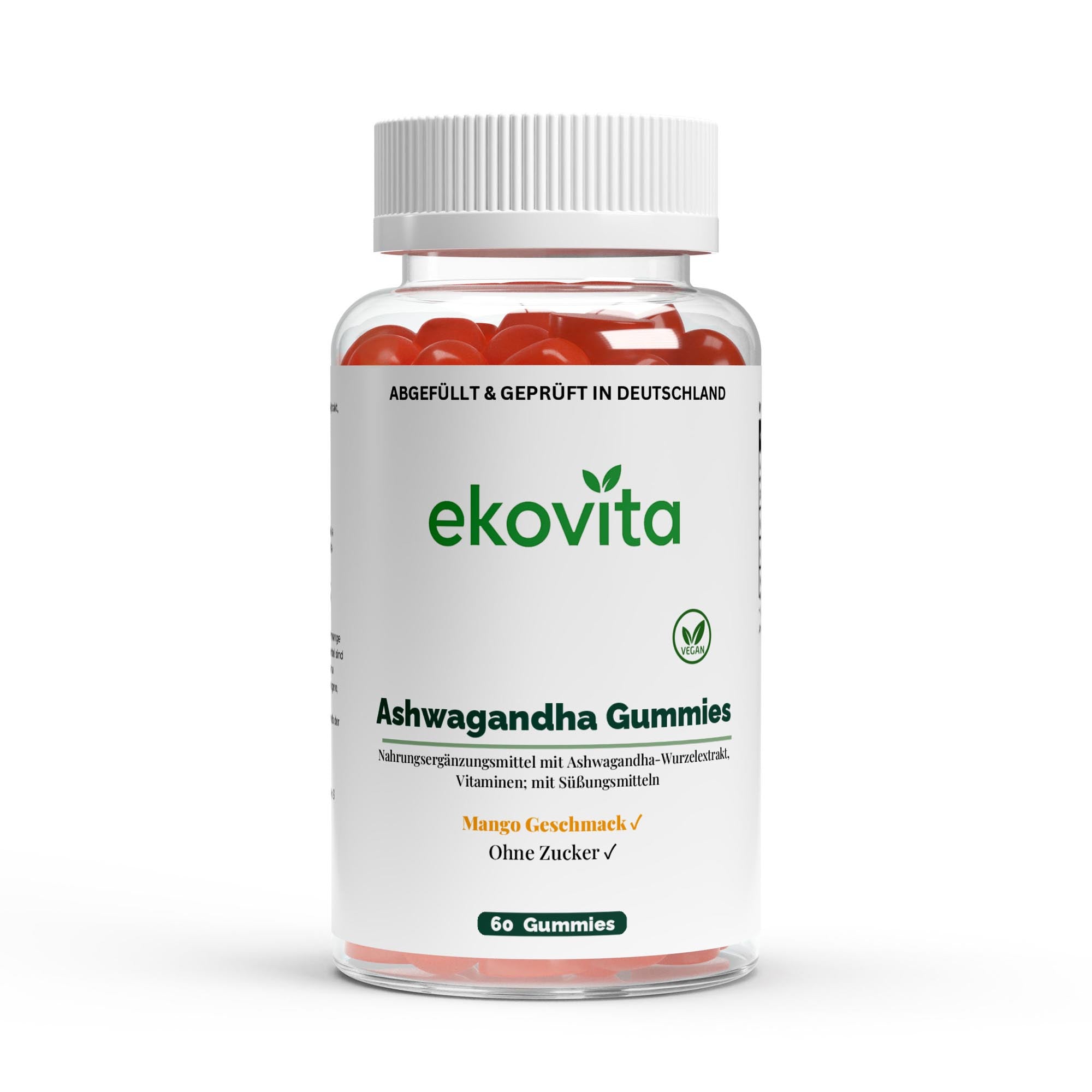Ekovita Ashwagandha Gummies in einer klaren Verpackung stehen auf einem Holztisch, ideal für Stressreduktion.
