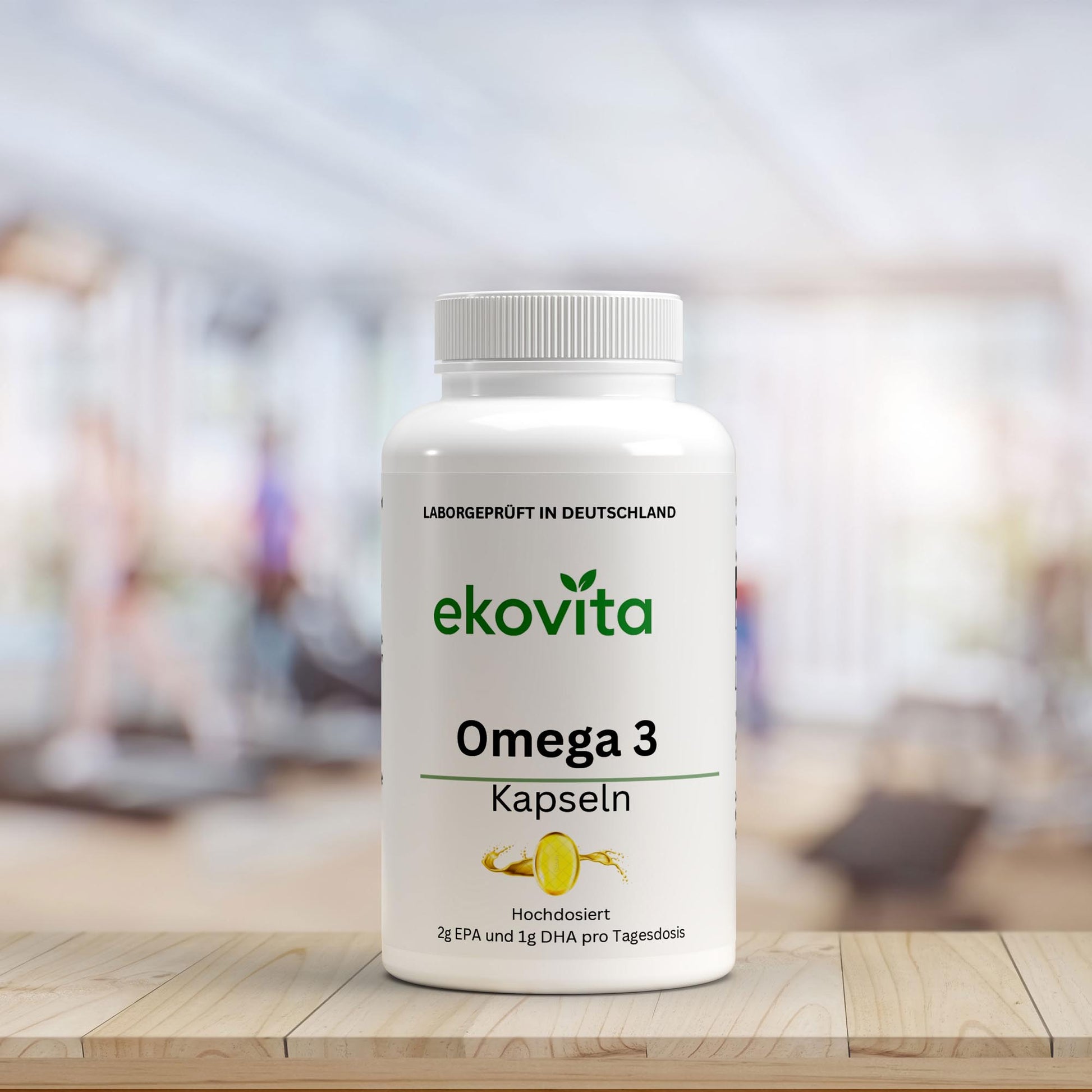 Nahaufnahme der Omega-3 Softgels, die ihre transparente Kapsel und den goldenen Inhalt zeigen.