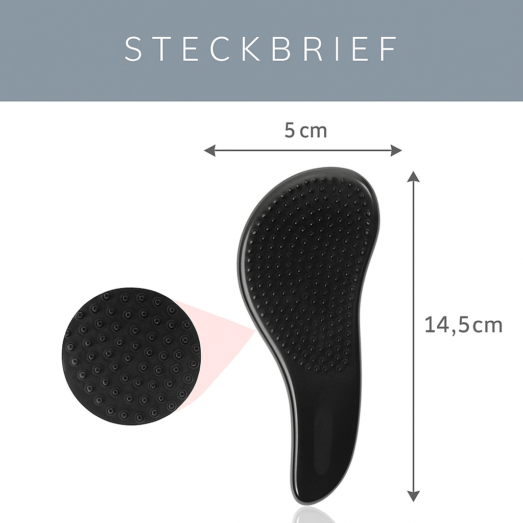 Anwendung der KÖsmetik Detangler Bürste, um Knoten sanft aus dem Haar zu entfernen.