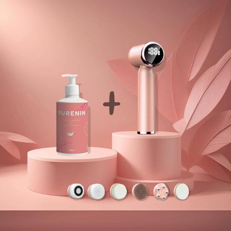 Schritt für Schritt Anwendung der Purenin Gesichtsbürste auf einer Anleitung aus der Verpackung