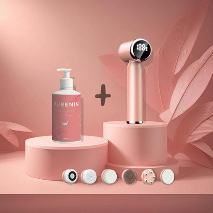 Schritt für Schritt Anwendung der Purenin Gesichtsbürste auf einer Anleitung aus der Verpackung