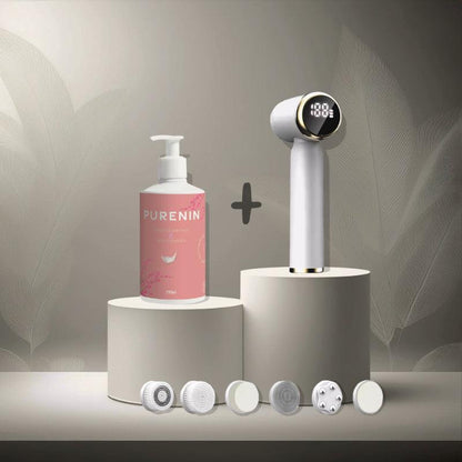 Purenin Gesichtsbürste mit Akku und Ladegerät, bereit für den Einsatz der Hautpflege