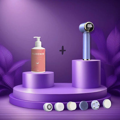 Purenin Gesichtsbürste auf einem Tisch mit Naturprodukten zur ergänzenden Hautpflege