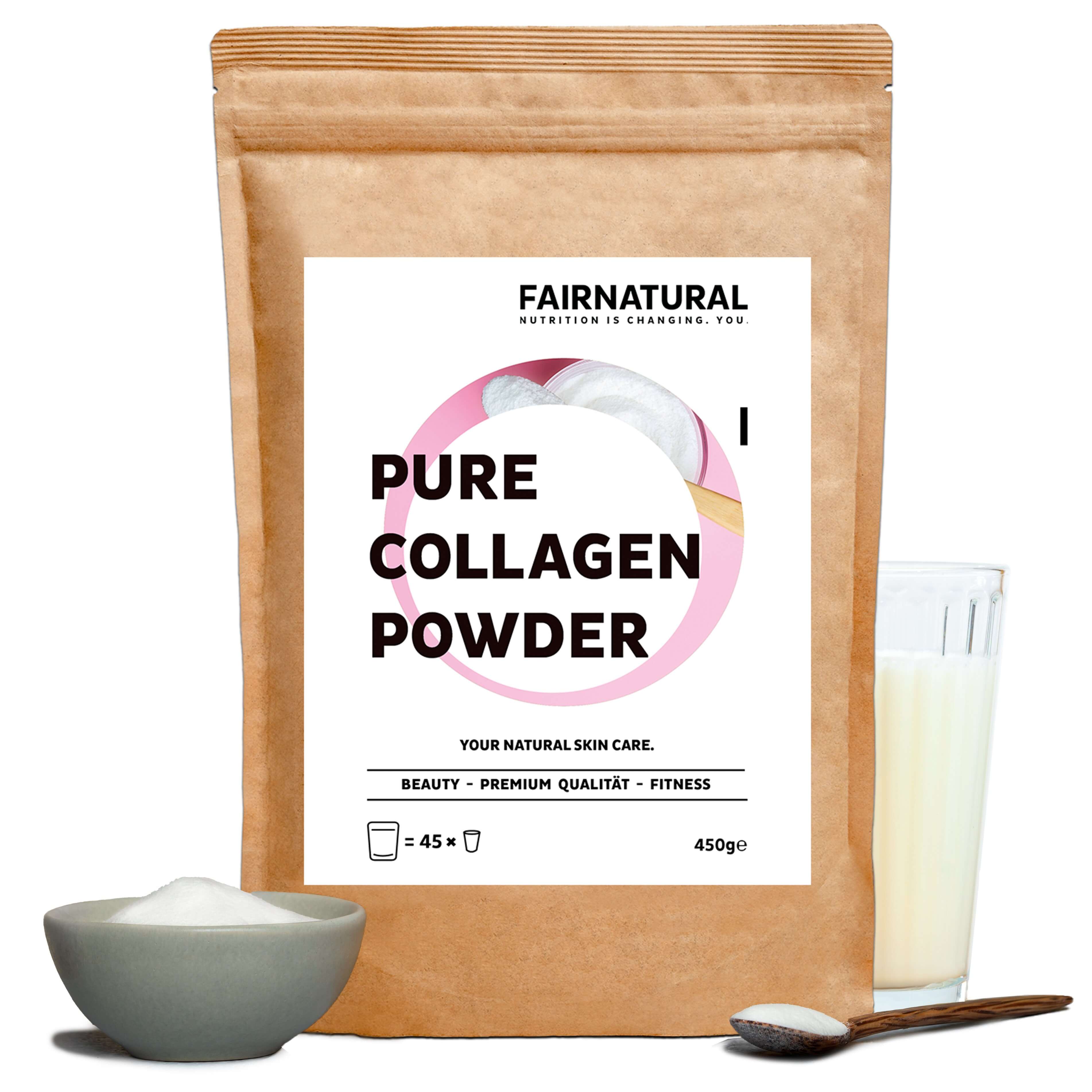 Hochdosiertes Collagen Hydrolysat Pulver von Fairnatural® in der Verpackung, ideal für Hautgesundheit.