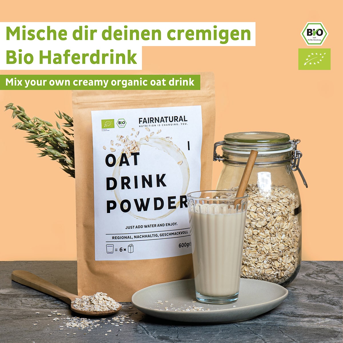 Nachhaltige Verpackung des Bio Hafermilch Pulvers von Fairnatural®, gekennzeichnet durch umweltfreundliche Materialien.
