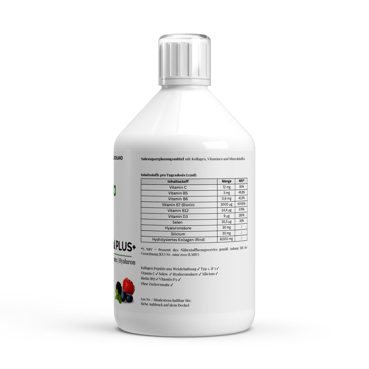 Detailaufnahme der Kollagen Vital Plus Shots, die Biotin und Zink für gesunde Haut enthalten.