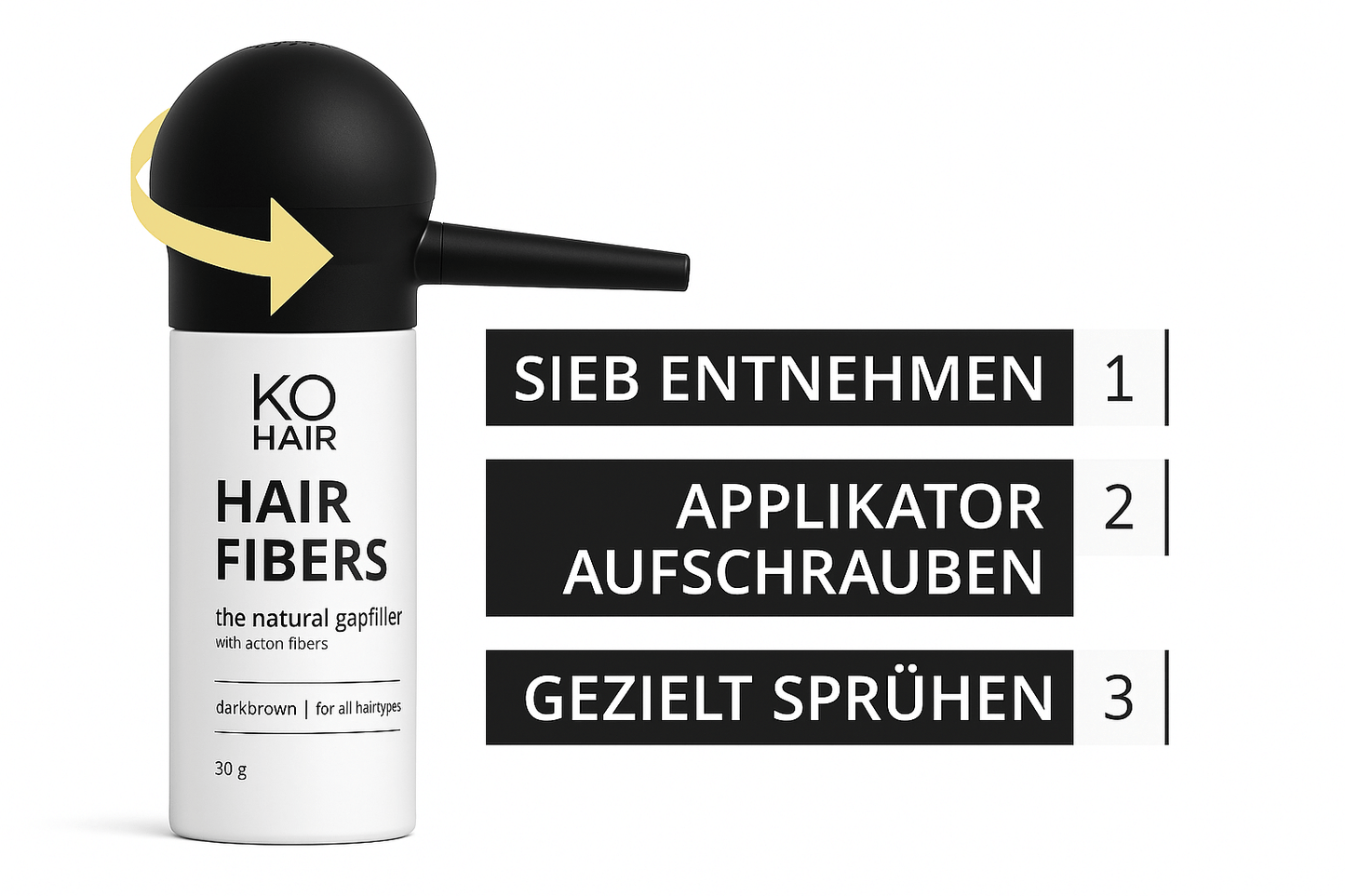 Anwendung des KÖ-HAIR Applikators, der Haarfasern gleichmäßig aufträgt.