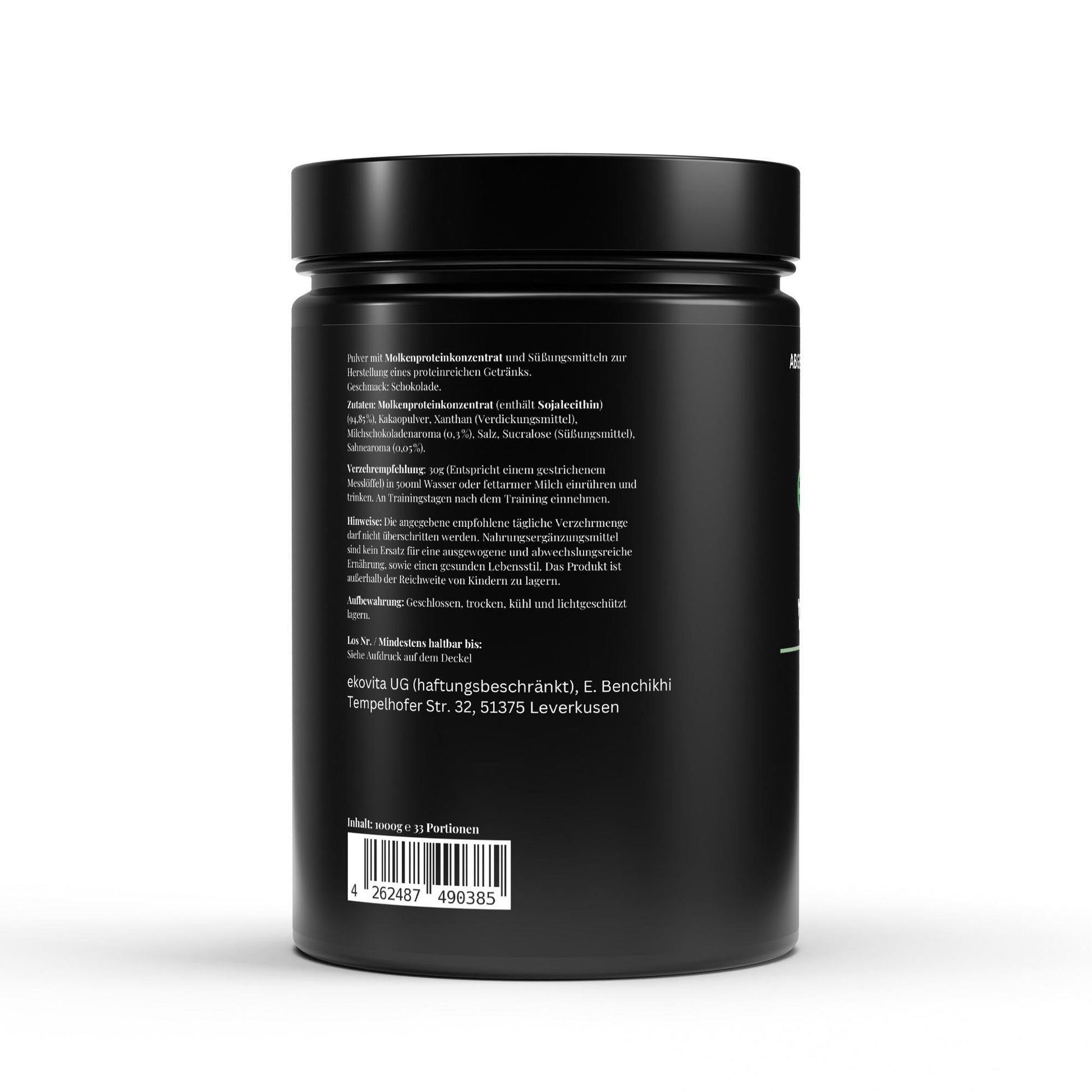 Detaillierte Verpackung des Whey Proteins von ChanceToBrand mit Nährwertangaben und Anwendungshinweisen.