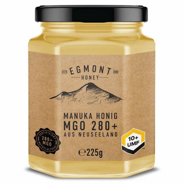 Manuka Honig MGO 280+ von ManukaWelt in einem eleganten Glasbehälter mit deckel.
