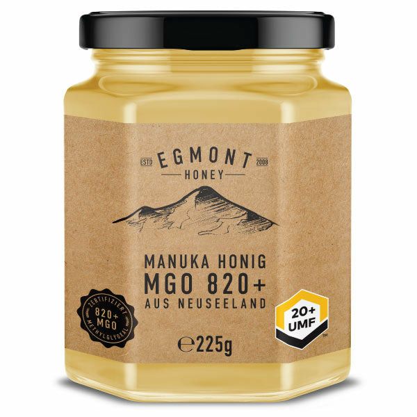 Manuka Honig MGO 820+ von ekovita in einem eleganten Glas mit goldener Kappe, hochwertig und laborgeprüft.