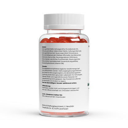 Verpackung der Laborgeprüften Ashwagandha Gummies - hochwertige, vegane Ergänzung für Stressreduktion.