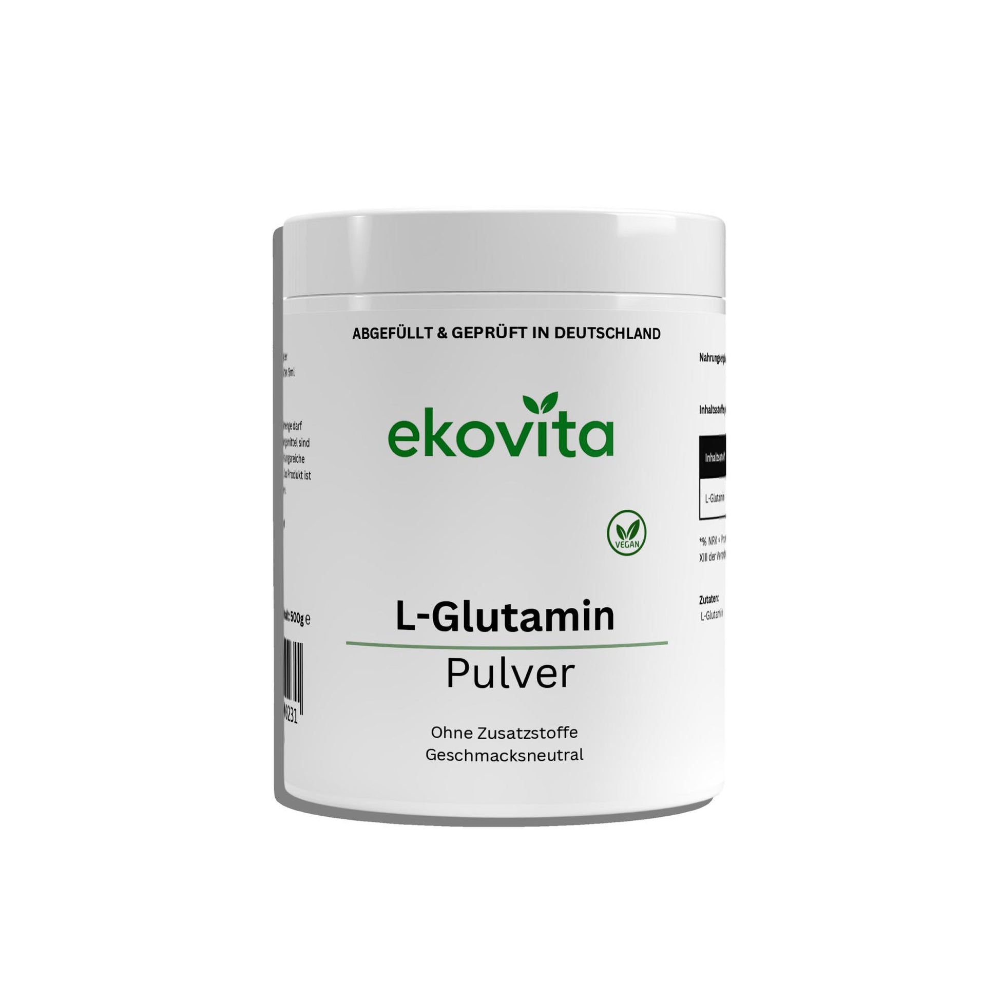 Detailansicht der ekovita L-Glutamin Pulver Packung, 500 g, ideal für Sportler.