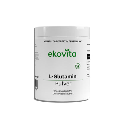 Detailansicht der ekovita L-Glutamin Pulver Packung, 500 g, ideal für Sportler.