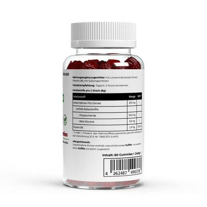 Detailansicht der Löwenmähne Gummies, die Konzentration unterstützen und reich an Vitamin B6 sind.