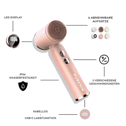 Purenin Gesichtsbürste in Aktion während einer sanften Gesichtsreinigung mit Schaum