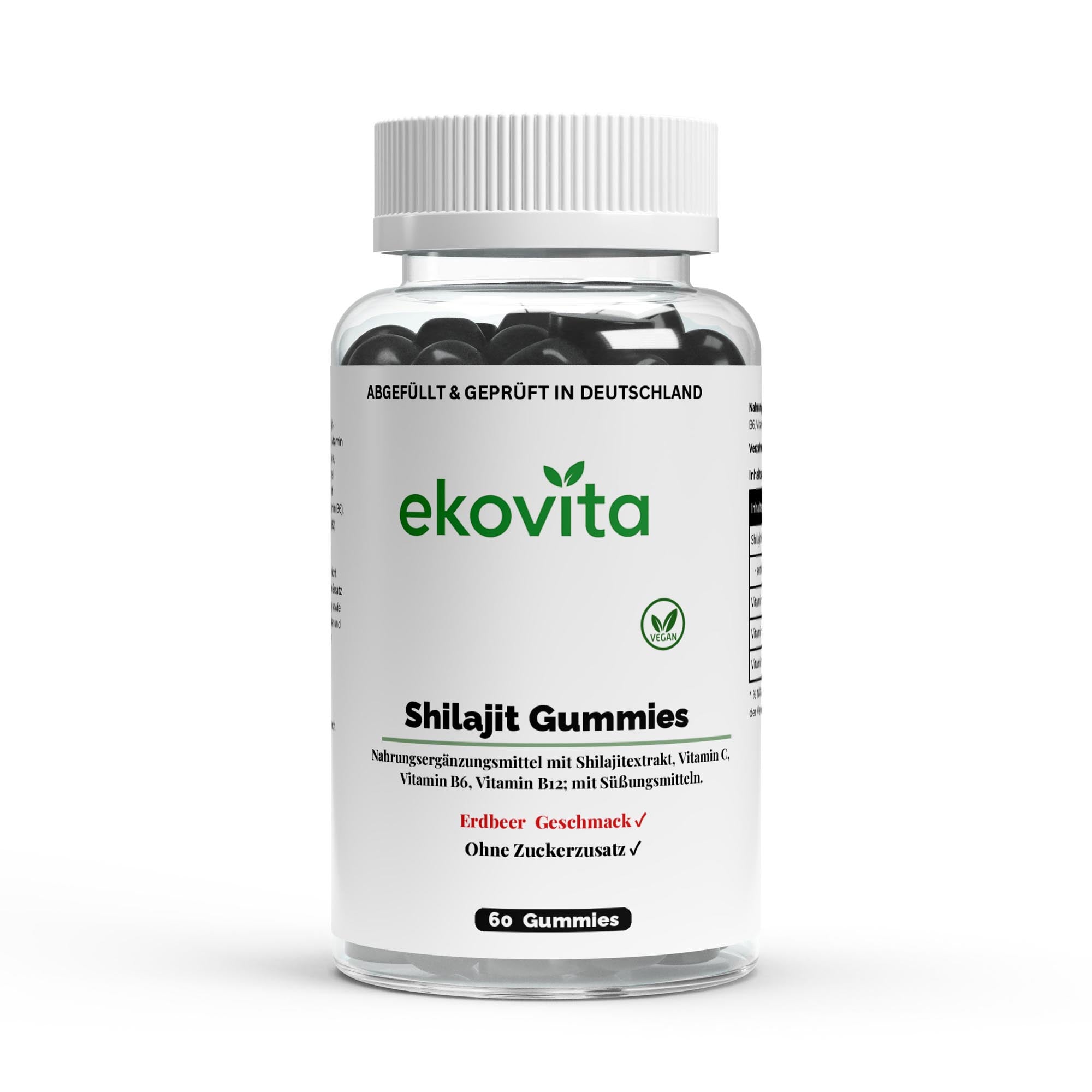 Hochdosierte Shilajit Gummies von ekovita in der Verpackung, vegan und nährstoffreich.