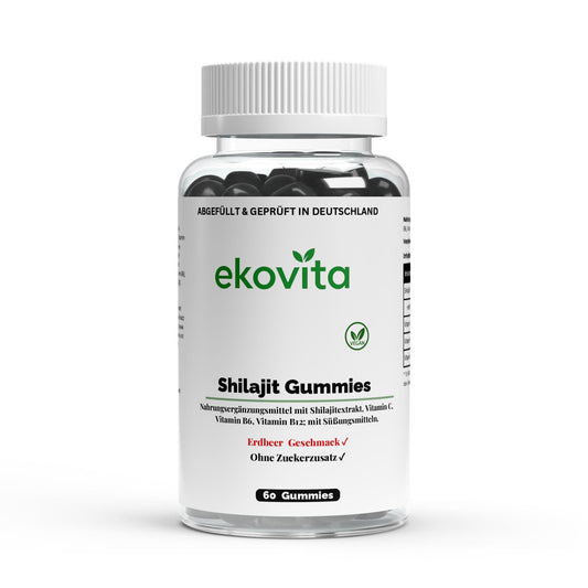 Shilajit Gummies in einer klaren Packung, vegan und voller Vitamin C, ideal zur Energiegewinnung.