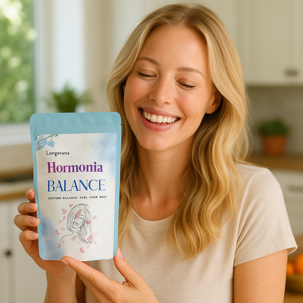 Verpackung von Harmonia Balance im Studio, ideal zur Ergänzung bei hormonellen Problemen.