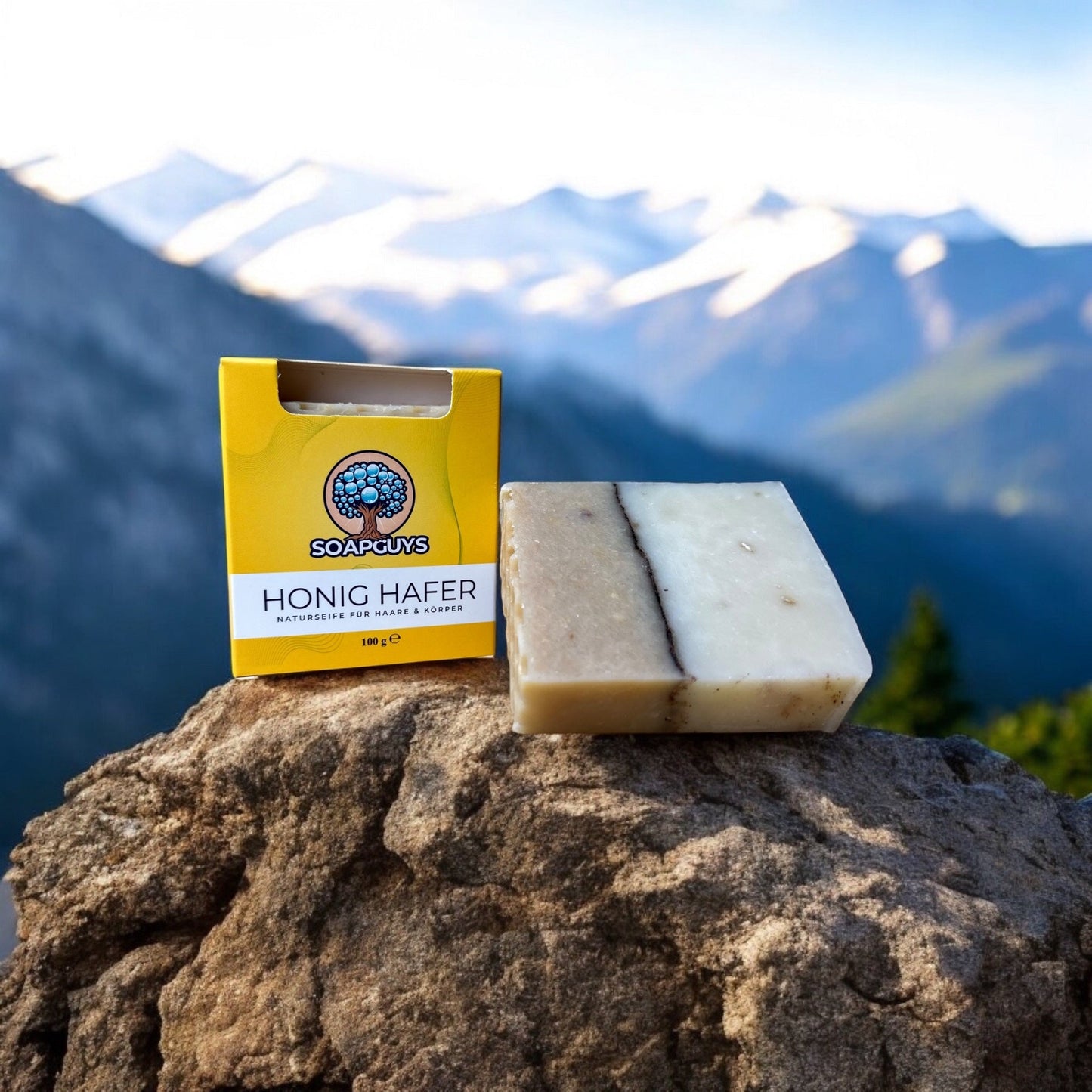 Detailansicht der Honig-Hafer Seife in umweltfreundlicher Verpackung, perfekt für Pflege und Reinigung.