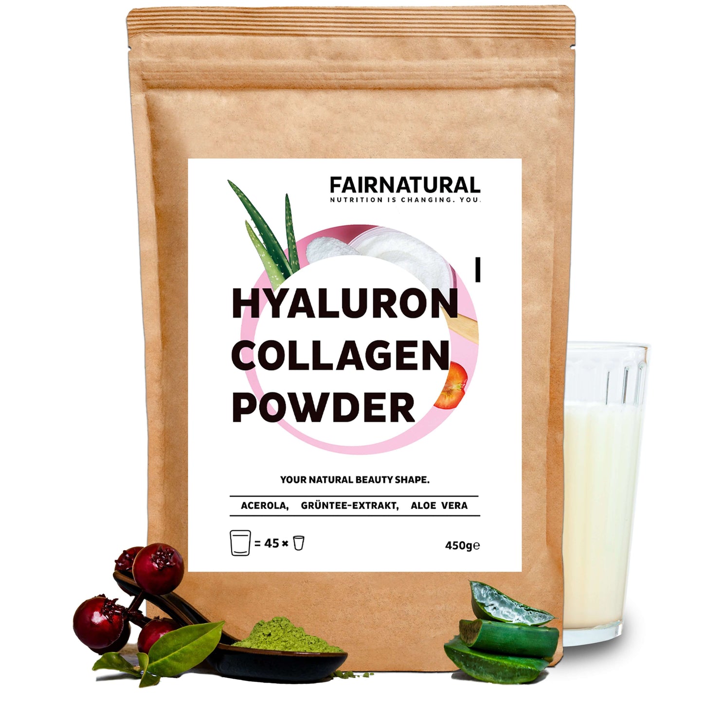 Hochdosiertes Kollagen Hyaluron Pulver in einer transparenten Verpackung, ideal für Hautpflege.