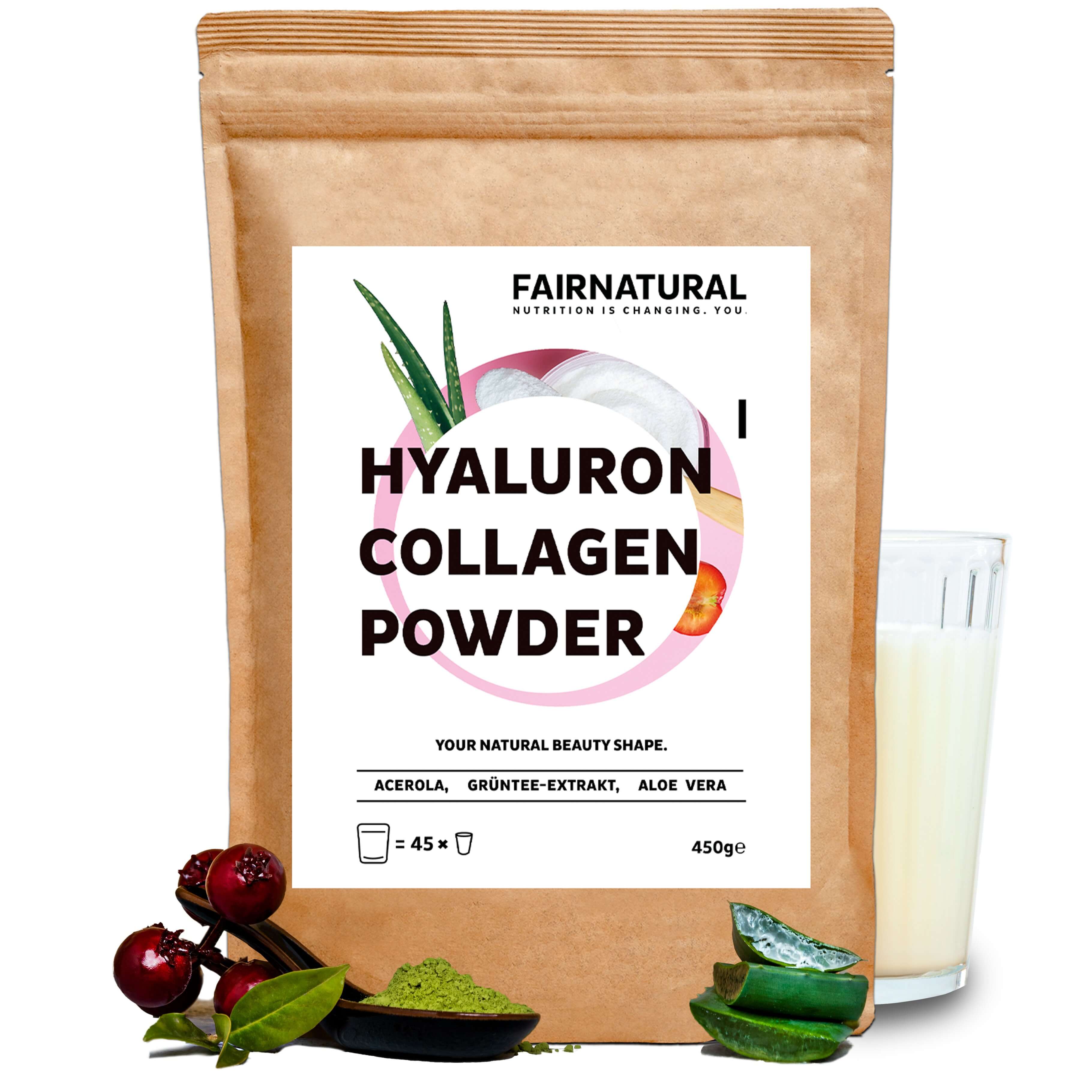Hochdosiertes Kollagen Hyaluron Pulver in einer transparenten Verpackung, ideal für Hautpflege.
