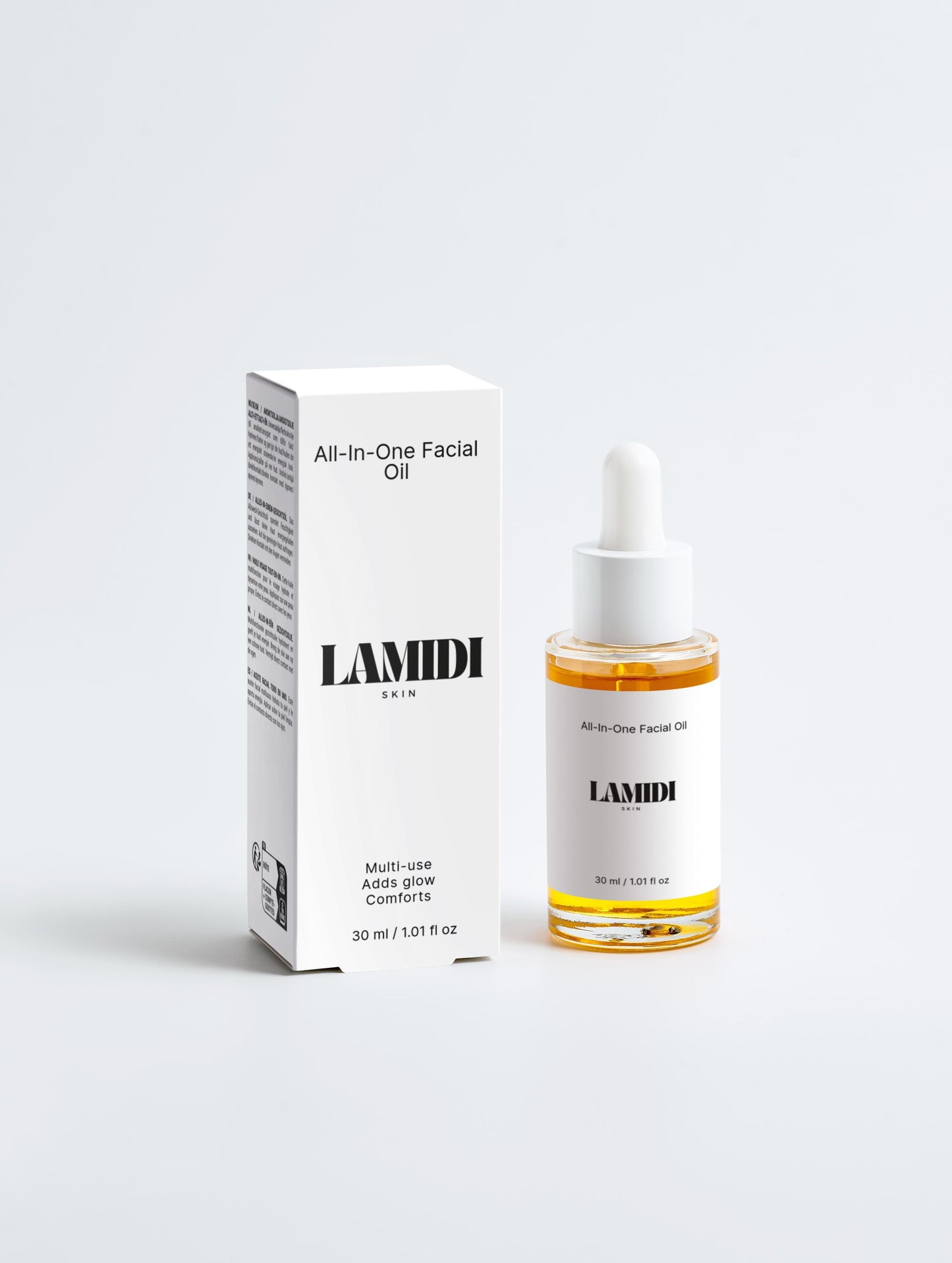 ekovita All-In-One Gesichtsöl von Lamidibeauty in einer eleganten Glasflasche für strahlende Haut.