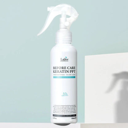 Detailansicht der LADOR Haarpflegeflasche mit Hitzeschutz Eigenschaften, ideal für geschädigtes Haar in der koreanischen Kosmetik.