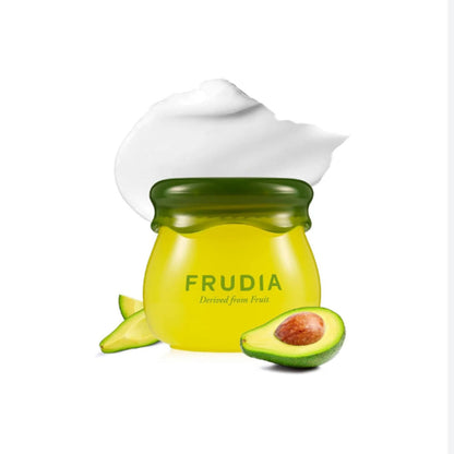 FRUDIA Avocado Cica Relief Lip Balm in einer grünen Dose für intensive Lippenpflege gegen trockene Lippen.