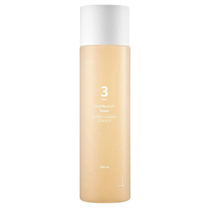 Numbuzin No.3 Super Glowing Essence Toner in eleganter Verpackung, ideal für feuchtigkeitsspendende Hautpflege.