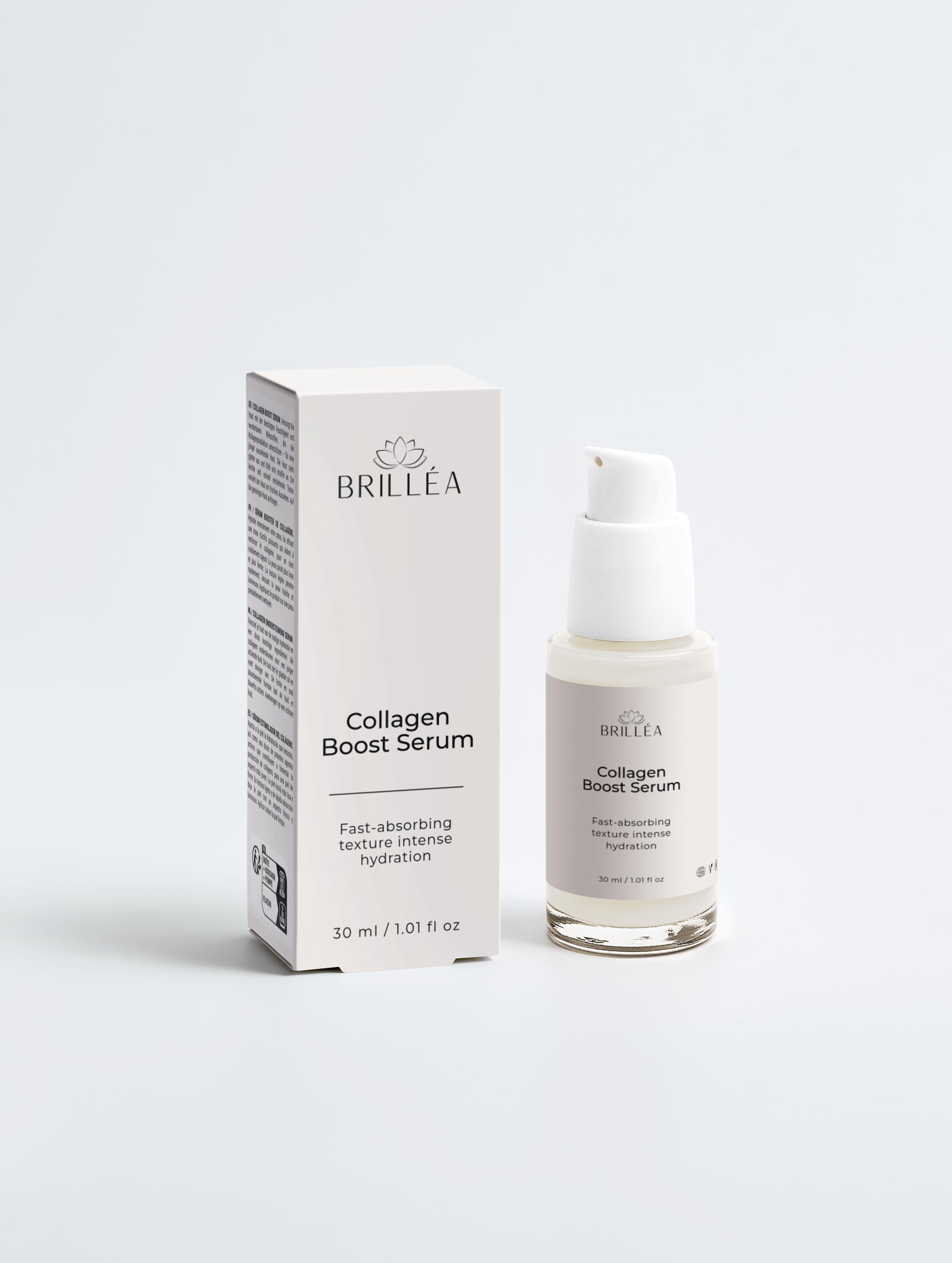 Collagen Boost Serum von Brilléa in eleganter Glasflasche, hochdosiertes Hautpflegeprodukt mit Kollagen und Hyaluronsäure.