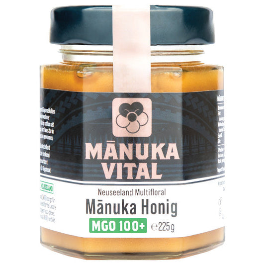 Manuka Honig MGO 100+ in einem eleganten Glasbehälter von ManukaWelt für Premium Qualität.
