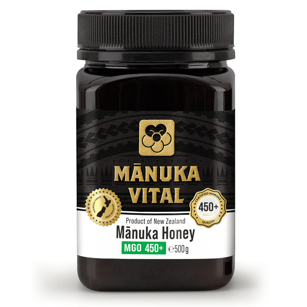 Manuka Honig MGO 450+ von ekovita in einem Glasbehälter, ideal zur Stärkung des Immunsystems.