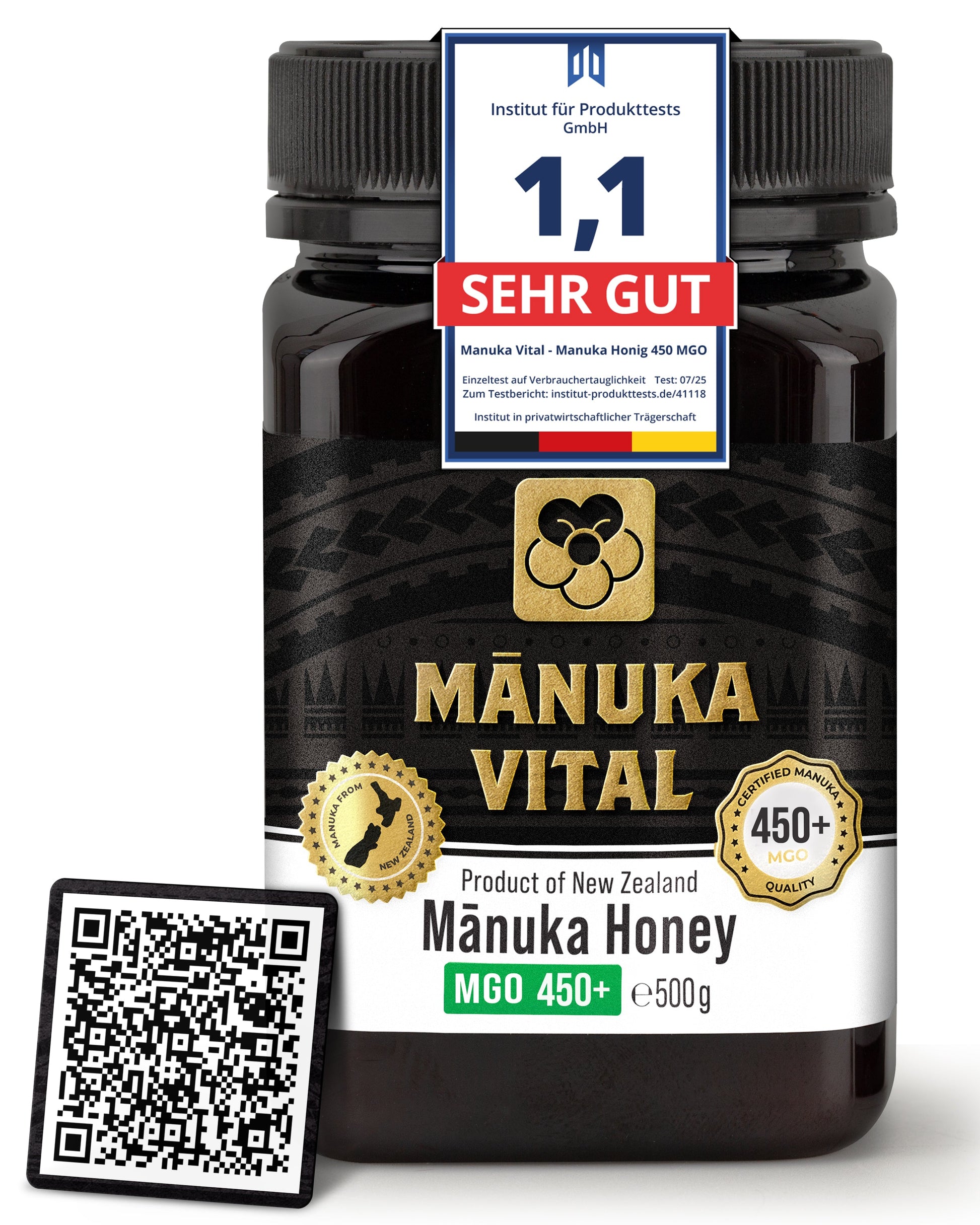Naheaufnahme des Manuka Honigs mit goldener Farbe und cremiger Konsistenz, MGO 450+