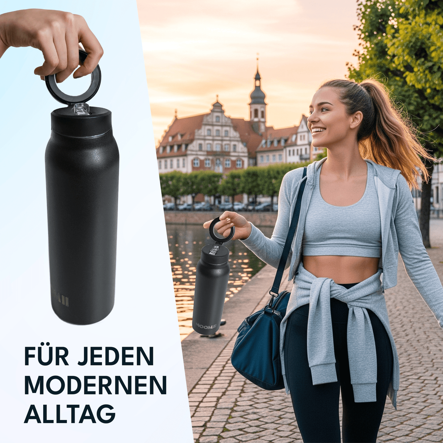 NooMii Edelstahl-Trinkflasche 800 ml – Magnetdeckel & Handyhalter