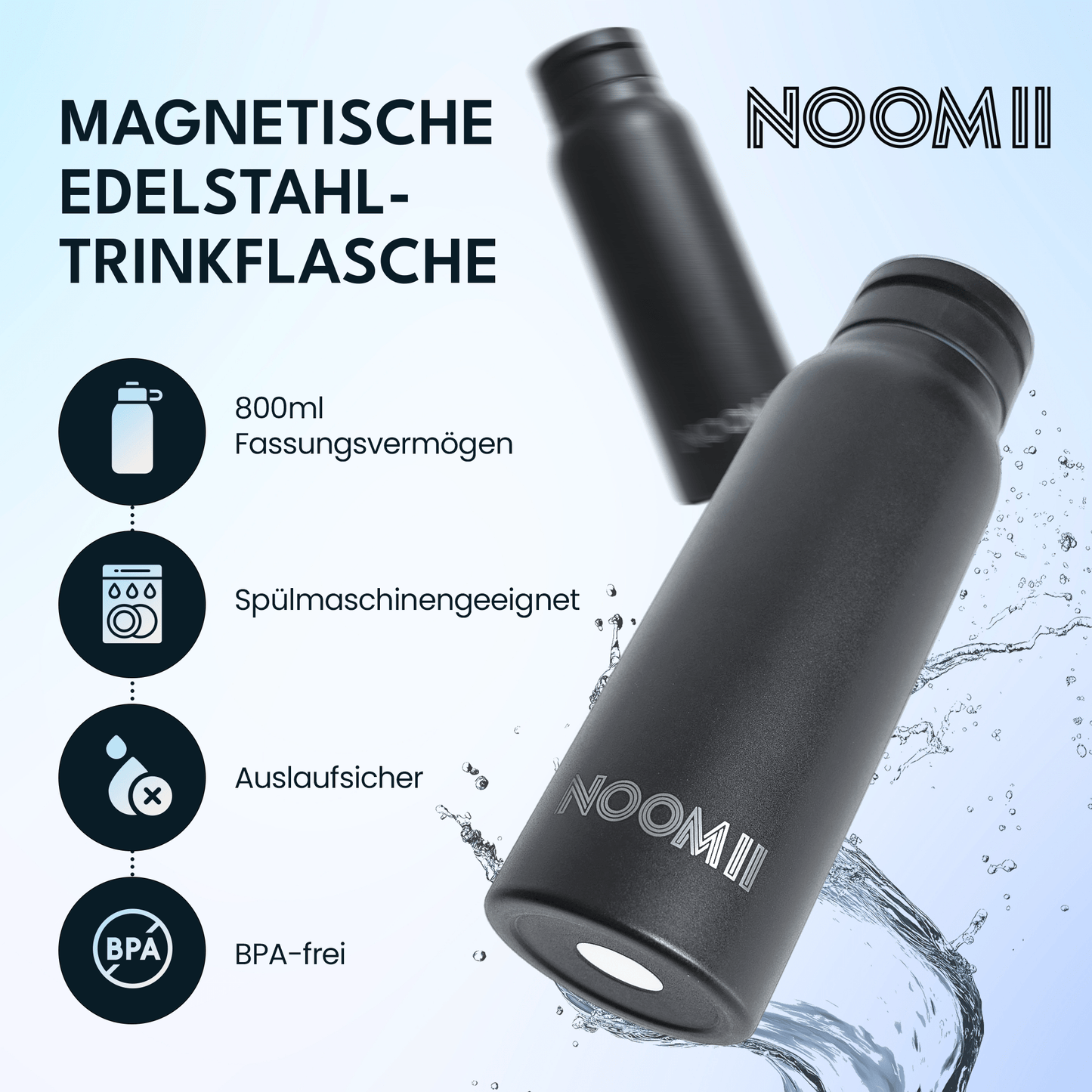 NooMii Edelstahl-Trinkflasche 800 ml – Magnetdeckel & Handyhalter