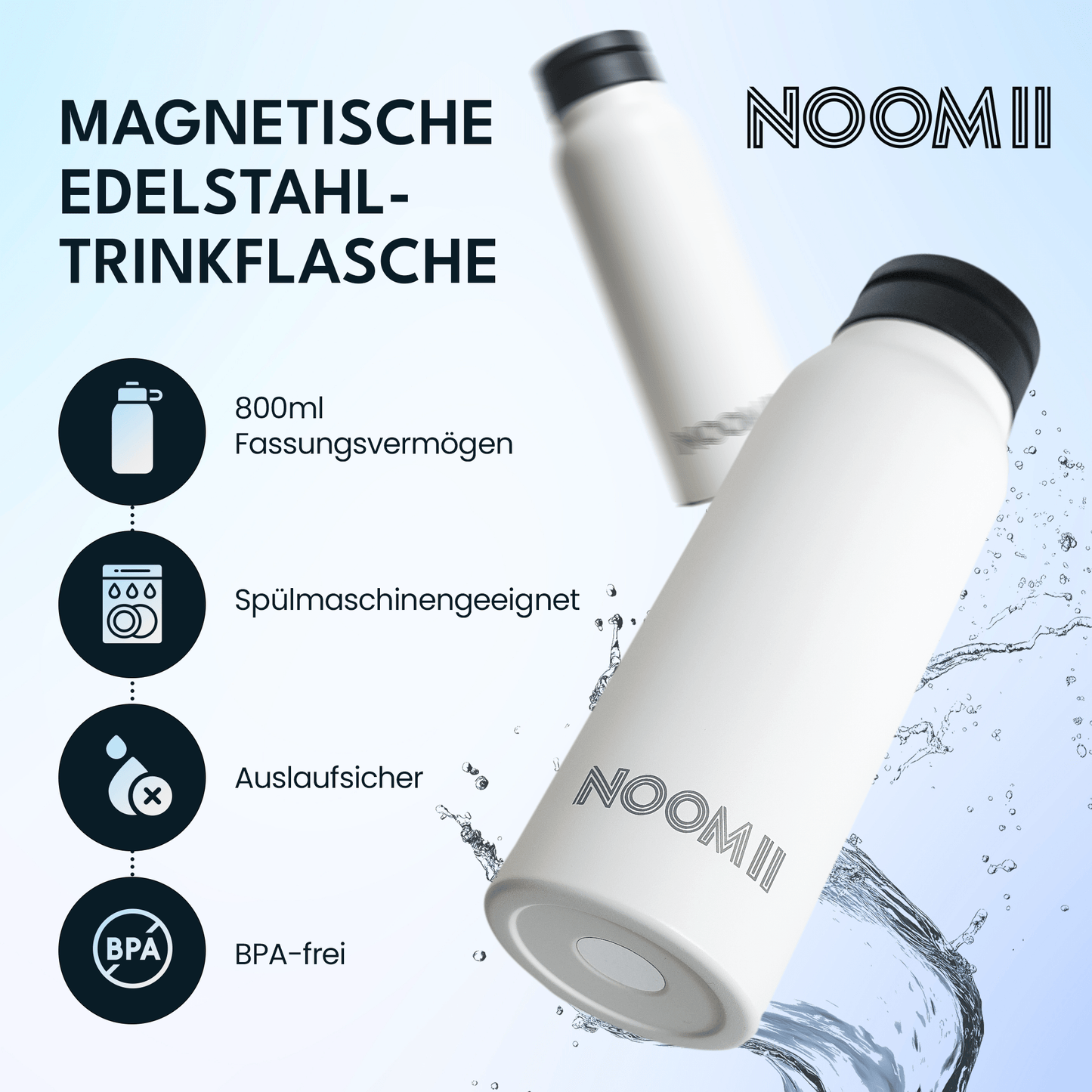 NooMii Edelstahl-Trinkflasche 800 ml – Magnetdeckel & Handyhalter