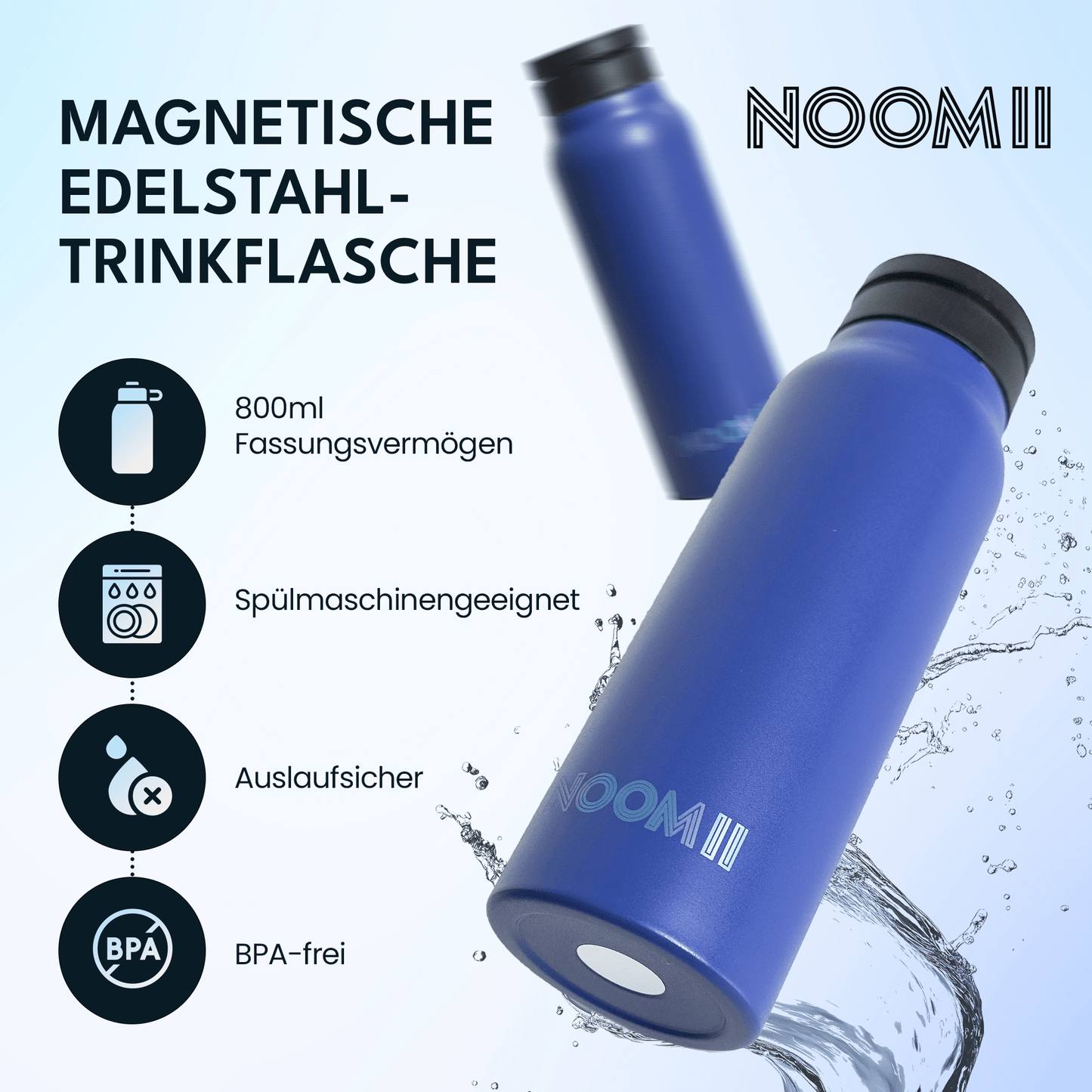 NooMii Edelstahl-Trinkflasche 800 ml – Magnetdeckel & Handyhalter