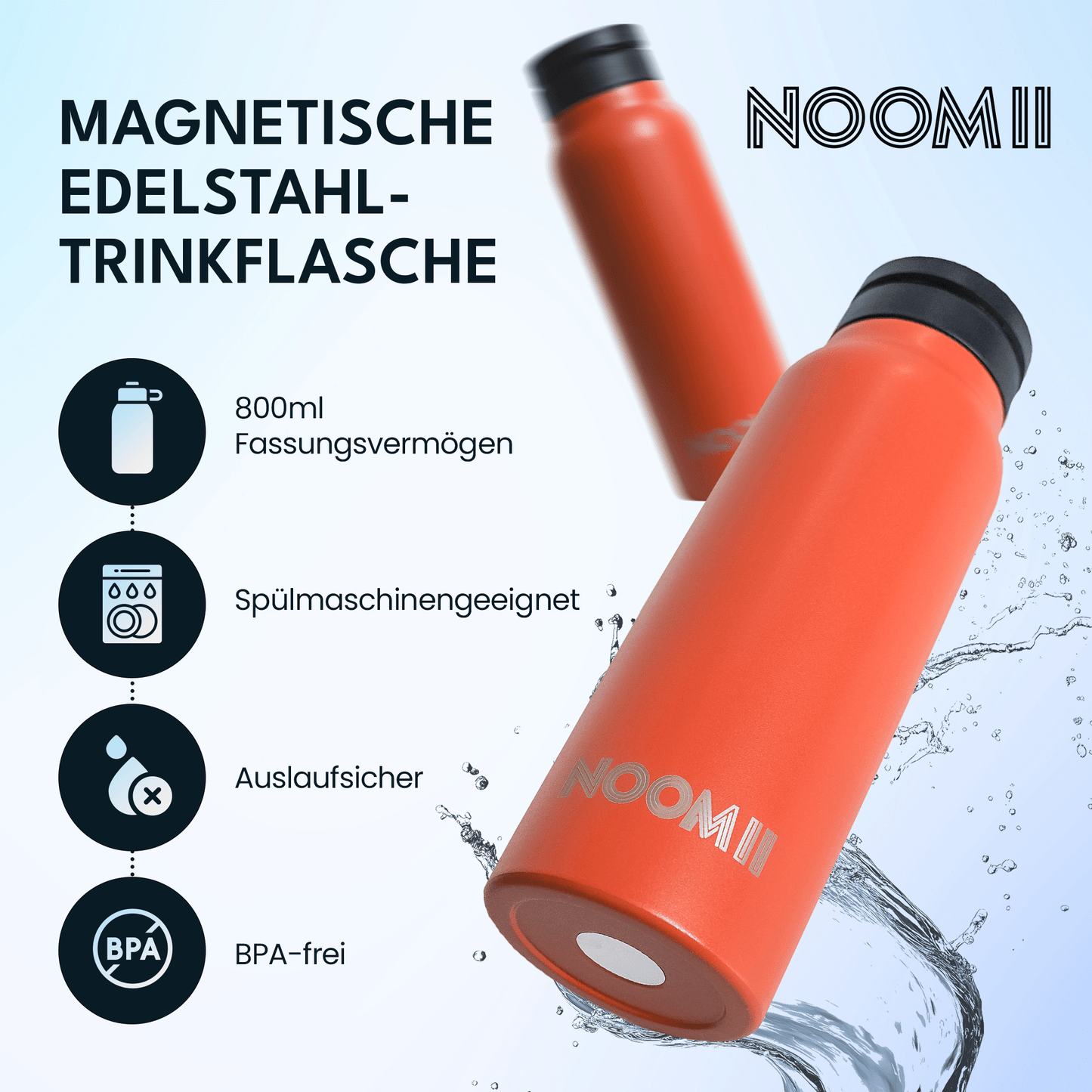 NooMii Edelstahl-Trinkflasche 800 ml – Magnetdeckel & Handyhalter